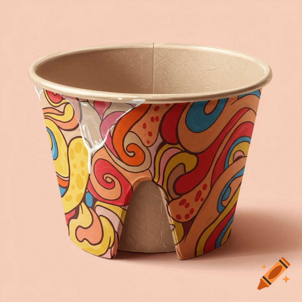 A paper cup holder with a colorful abstract design on a pink background.