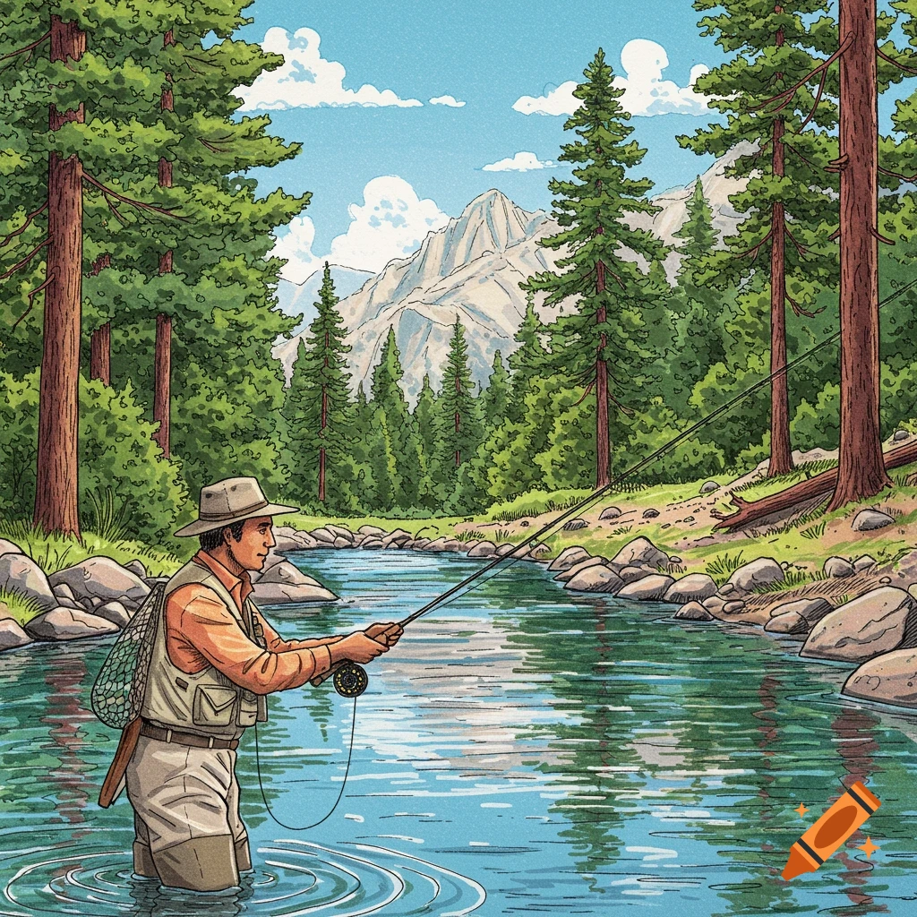 Illustration of a man fly fishing in a mountain river surrounded by trees.