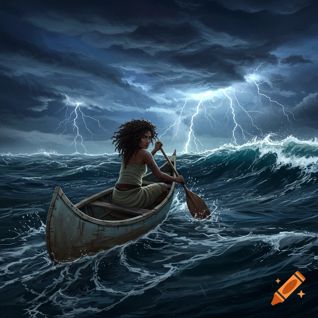 Woman paddling a canoe on a stormy sea with lightning strikes