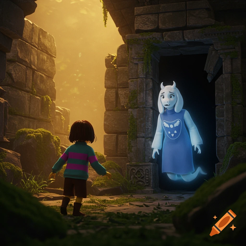 A child faces a glowing figure in ruins, lit by dramatic sunbeams.