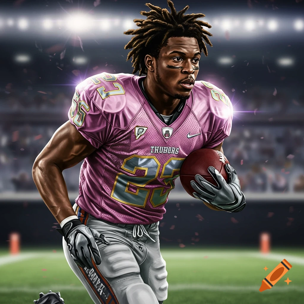 An illustrated image of an American football player running with the ball in a pink jersey.