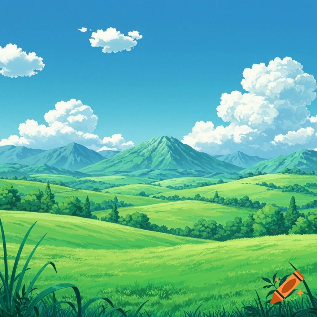 Anime landscape with green rolling hills, mountains, trees, and a bright blue sky with clouds.