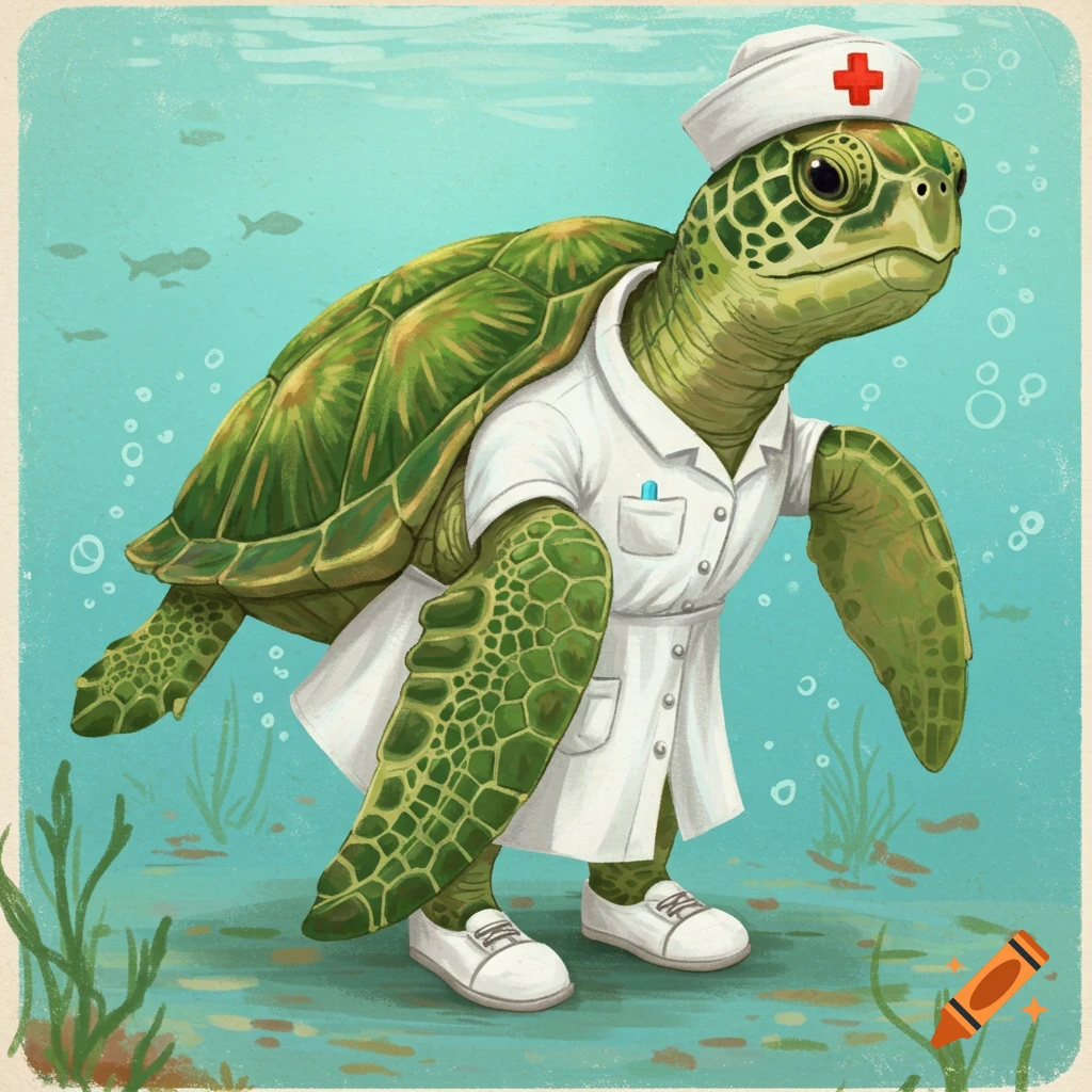 Cartoon illustration of a turtle wearing a nurse's uniform and hat underwater
