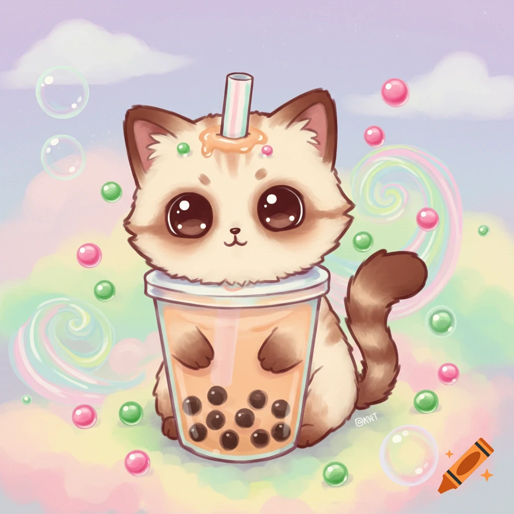Cute cartoon cat holding a boba tea drink, surrounded by bubbles and colorful swirls.