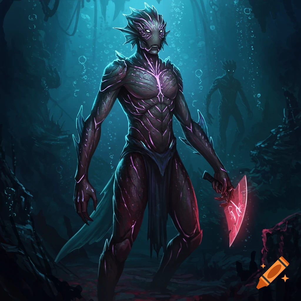 A fantasy humanoid creature with glowing purple veins stands underwater holding a glowing red axe. Another figure lurks behind.
