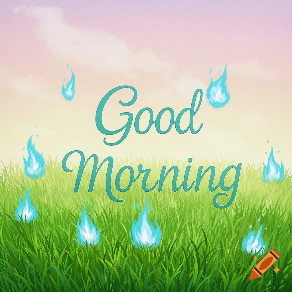 Cursive 'Good Morning' text over green grass with blue flames, under a pastel sky.