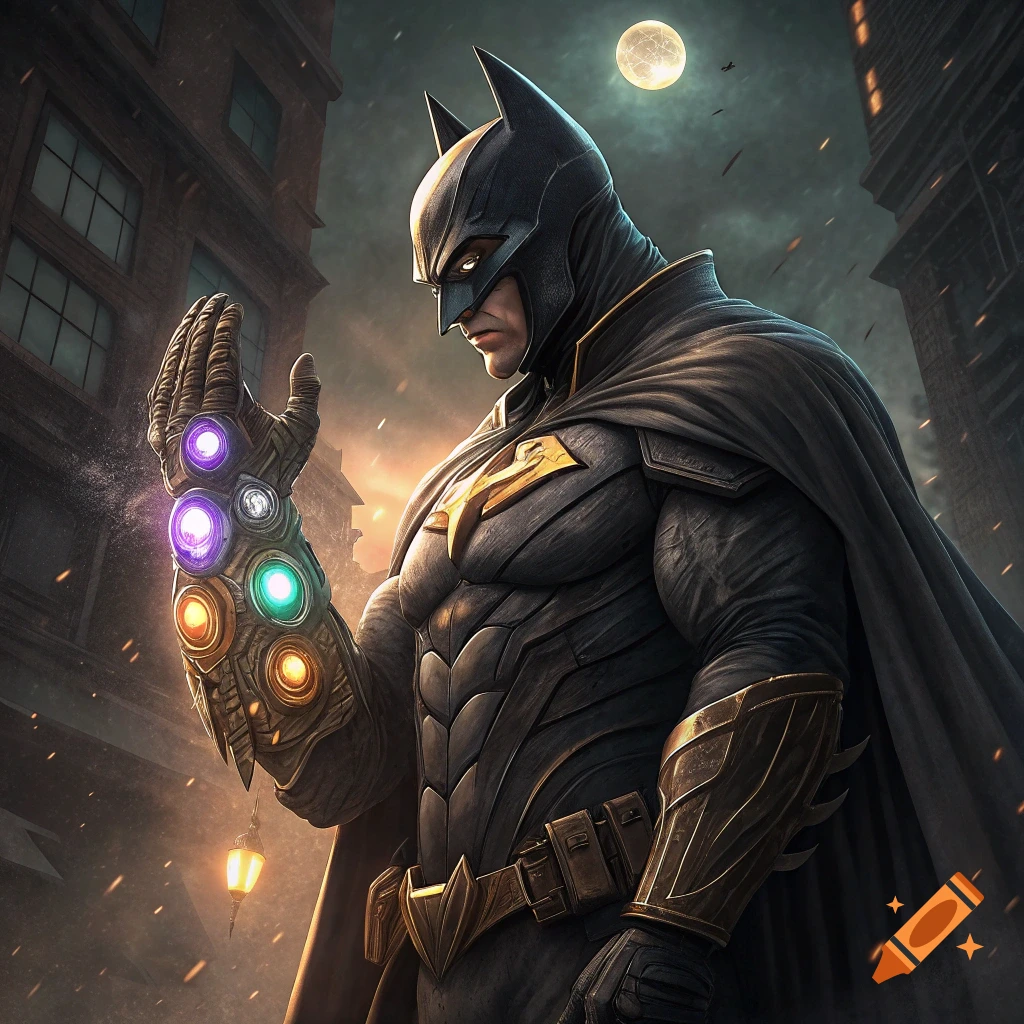 Batman wearing the Infinity Gauntlet stands in a dark city at night looking at his glowing glove.