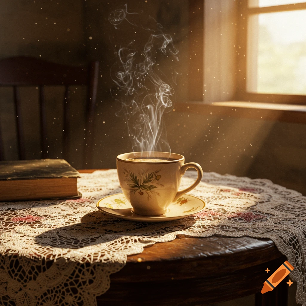 Steaming cup of coffee on a lace tablecloth next to a book, bathed in sunlight.