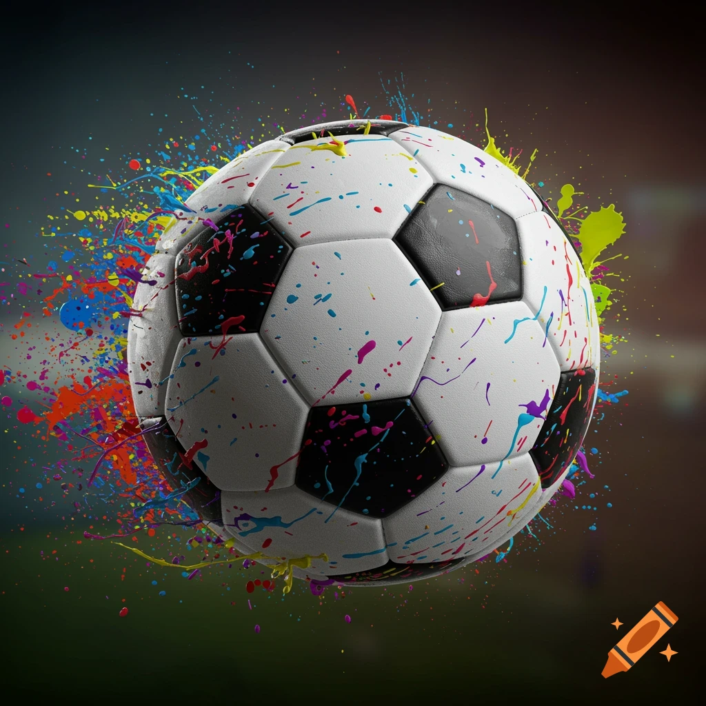 A soccer ball covered in colorful paint splatters.