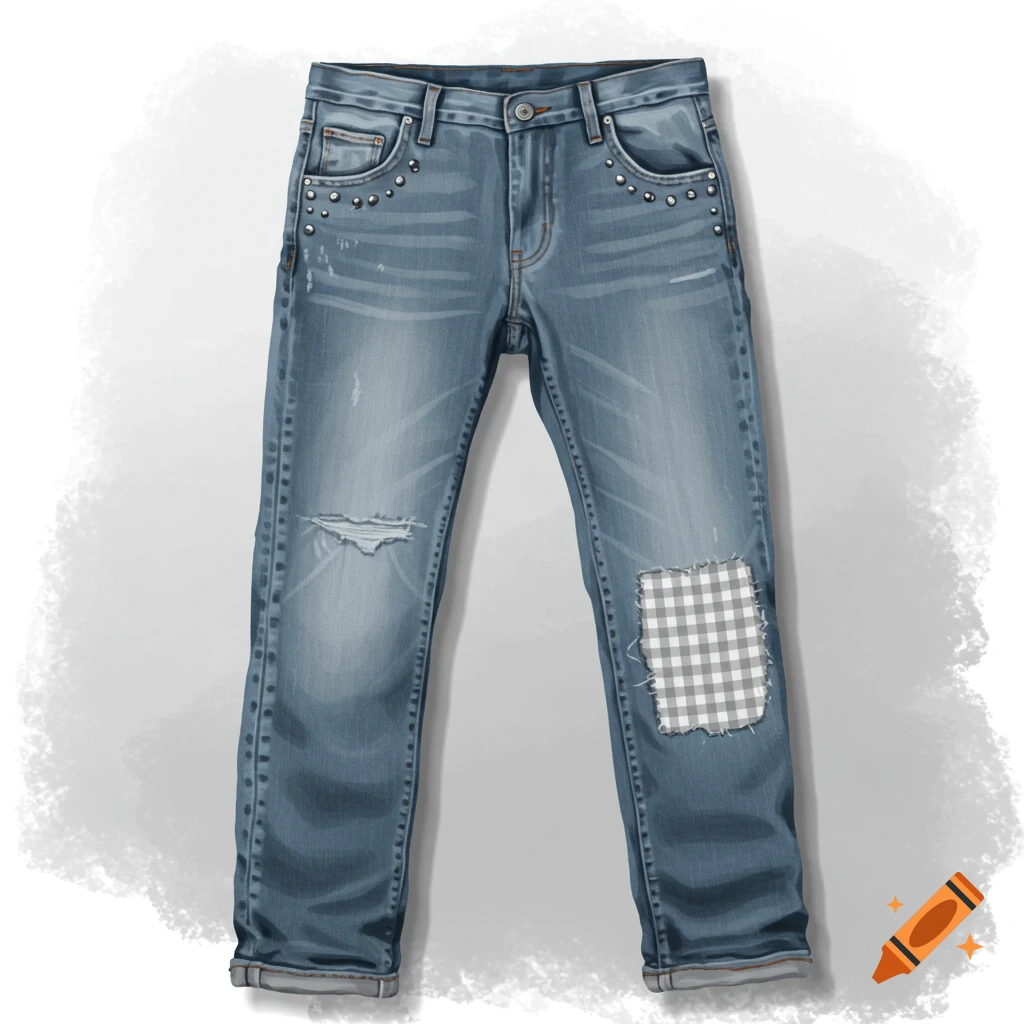 Illustration of faded blue jeans with studs and a gray and white gingham patch.