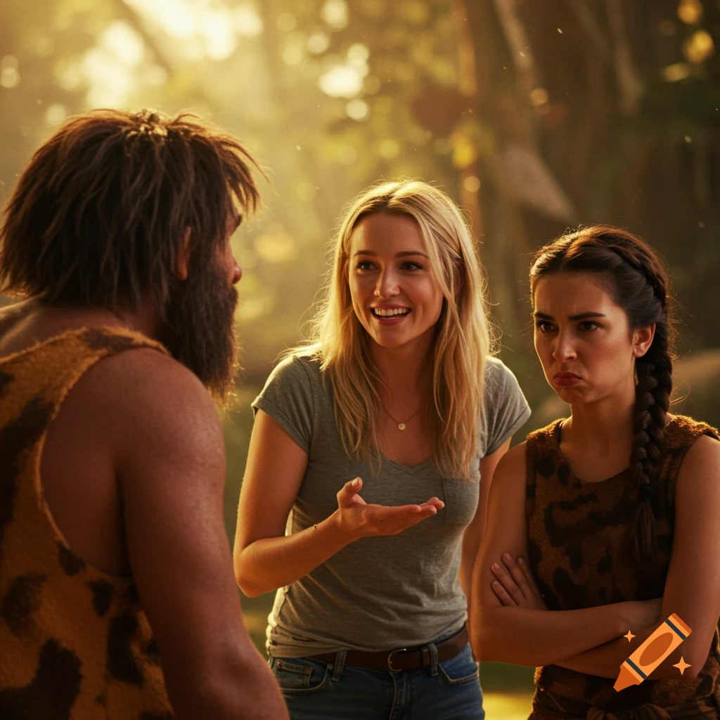 A caveman talks to a modern woman, another woman watches skeptically in a sunlit forest.