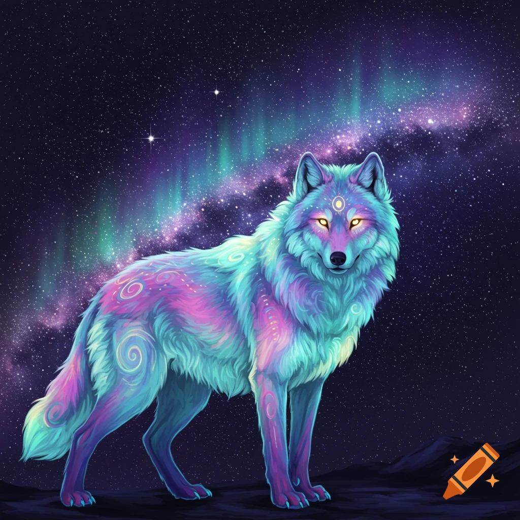A vibrantly colored spirit wolf stands under a starry night sky with aurora lights.