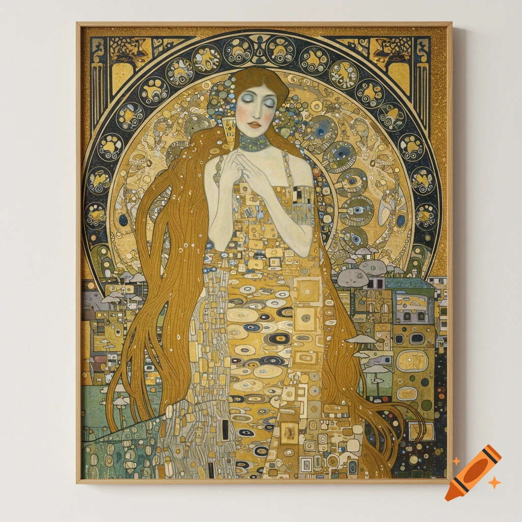 A painting in the style of Gustav Klimt depicting a woman with long hair against a golden, decorative background.