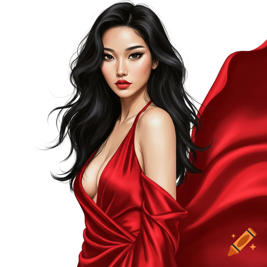 Digital illustration of a woman with dark hair in a red dress and flowing cape.