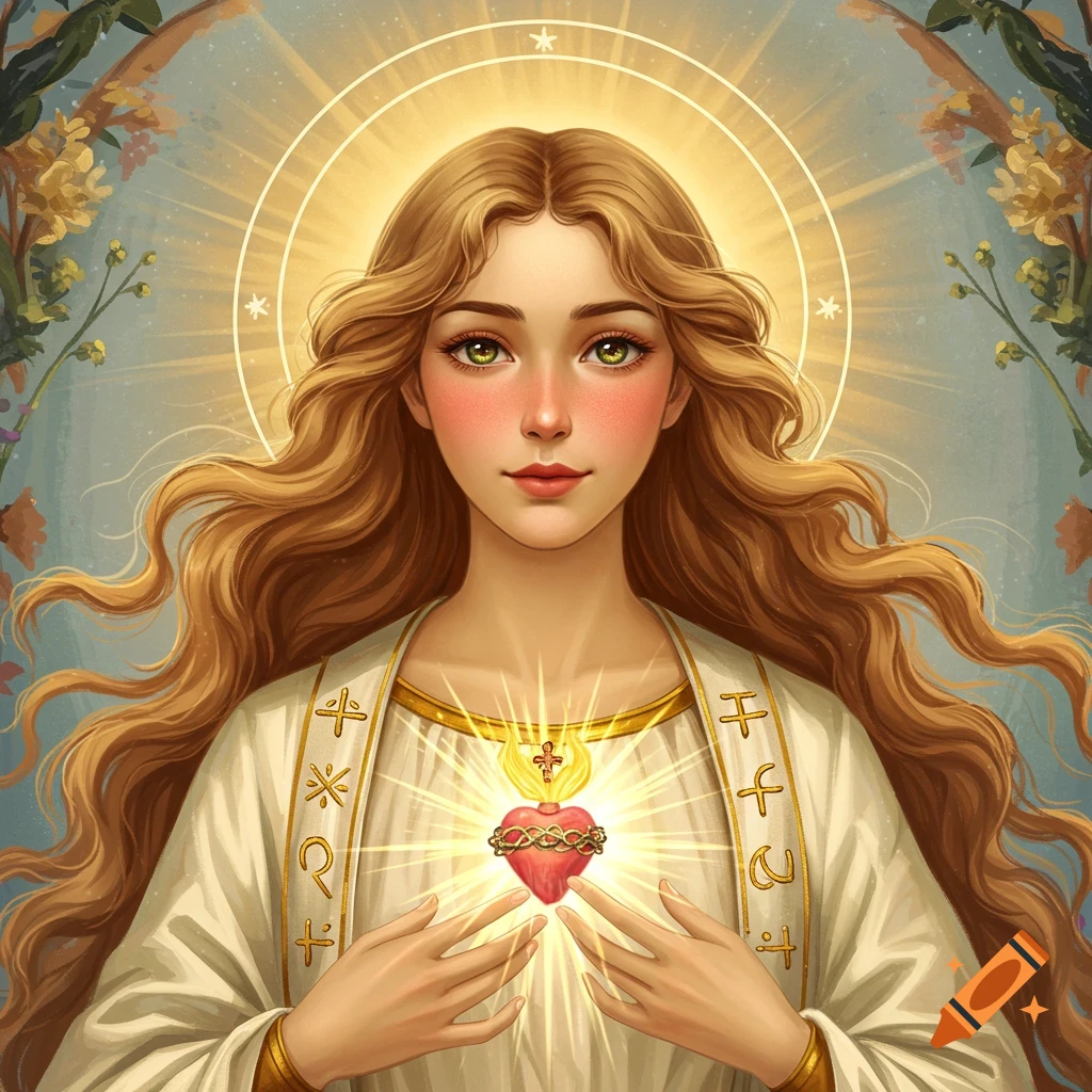 Stylized portrait of a female figure with a glowing sacred heart on her chest, surrounded by a halo and floral elements.