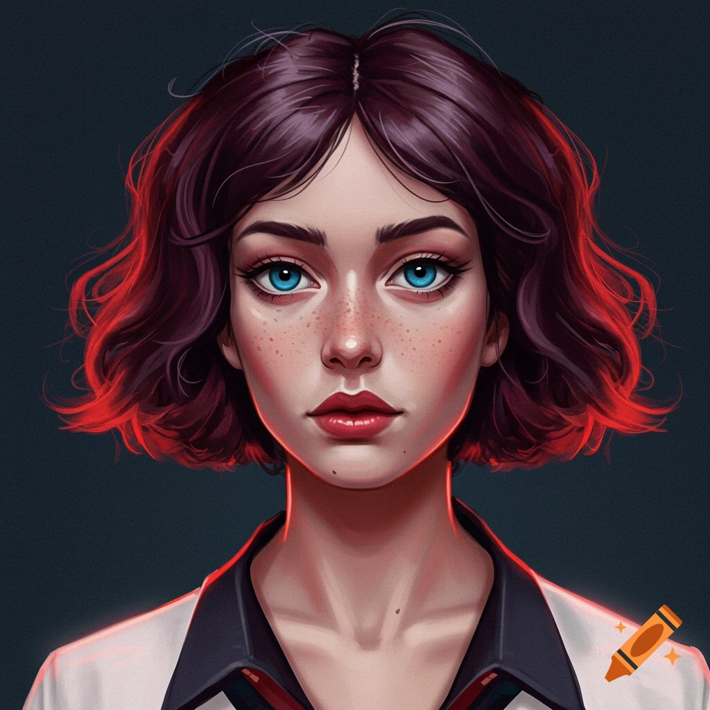 Close-up stylized portrait of a woman with bright blue eyes, freckles, and short reddish-purple hair