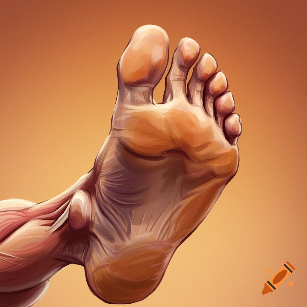 Close-up of a detailed, muscular foot and lower leg in an illustration style.