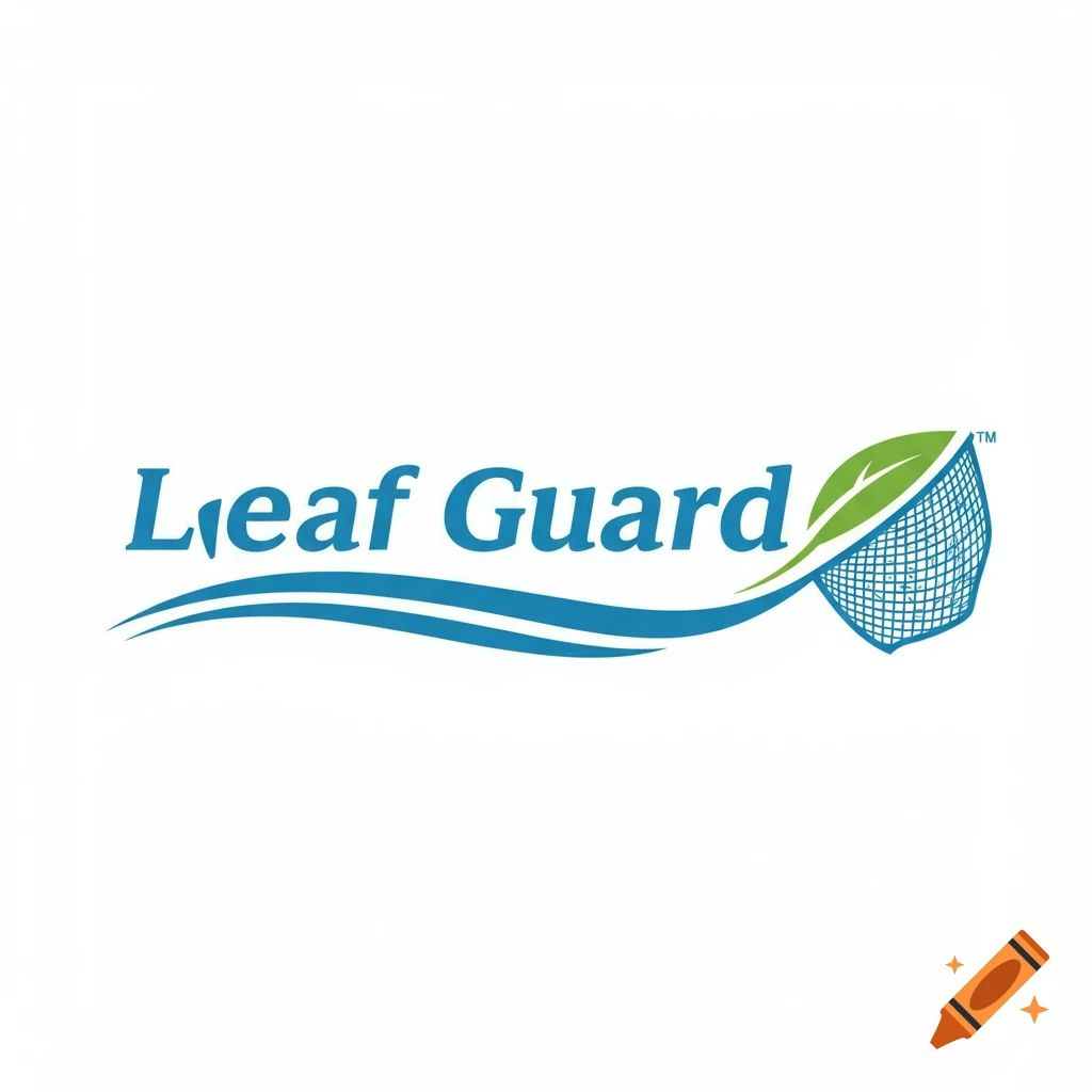 Logo for Leaf Guard featuring stylized text and a leaf with a net.