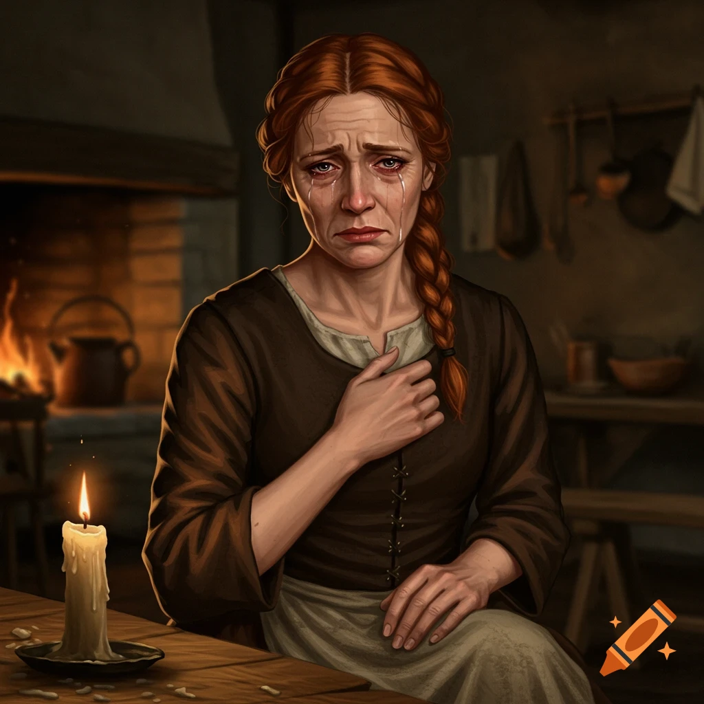 Illustration of a crying medieval woman in a kitchen, lit by a candle.