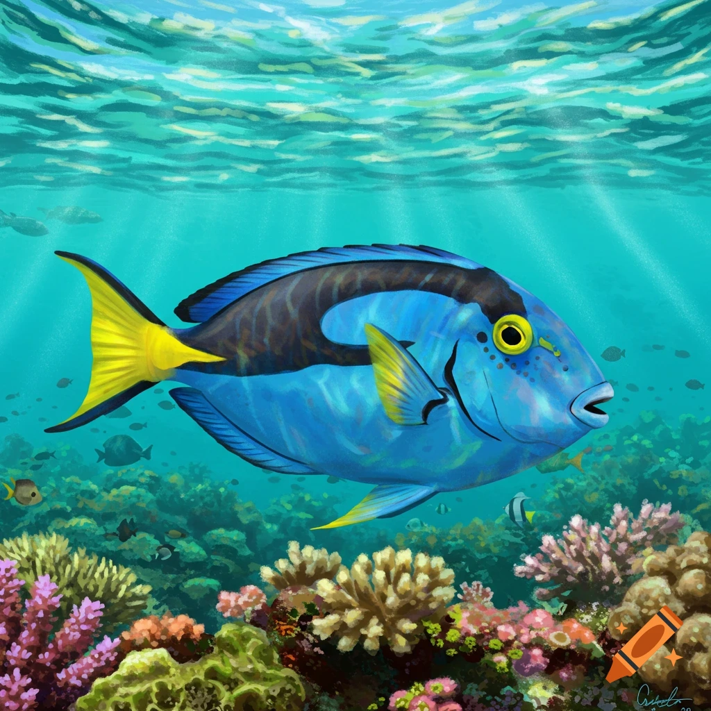 Illustration of a blue and yellow surgeonfish swimming over a colorful coral reef with sun rays.