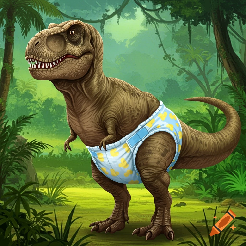 Cartoon T-Rex wearing a diaper in a jungle