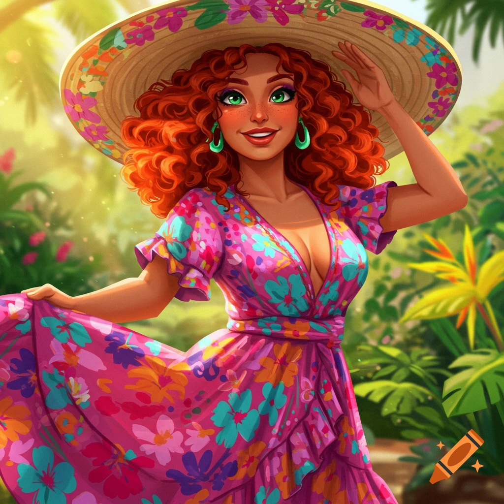 Illustration of a woman with red curly hair, green eyes, freckles, wearing a floral dress and hat in a tropical garden