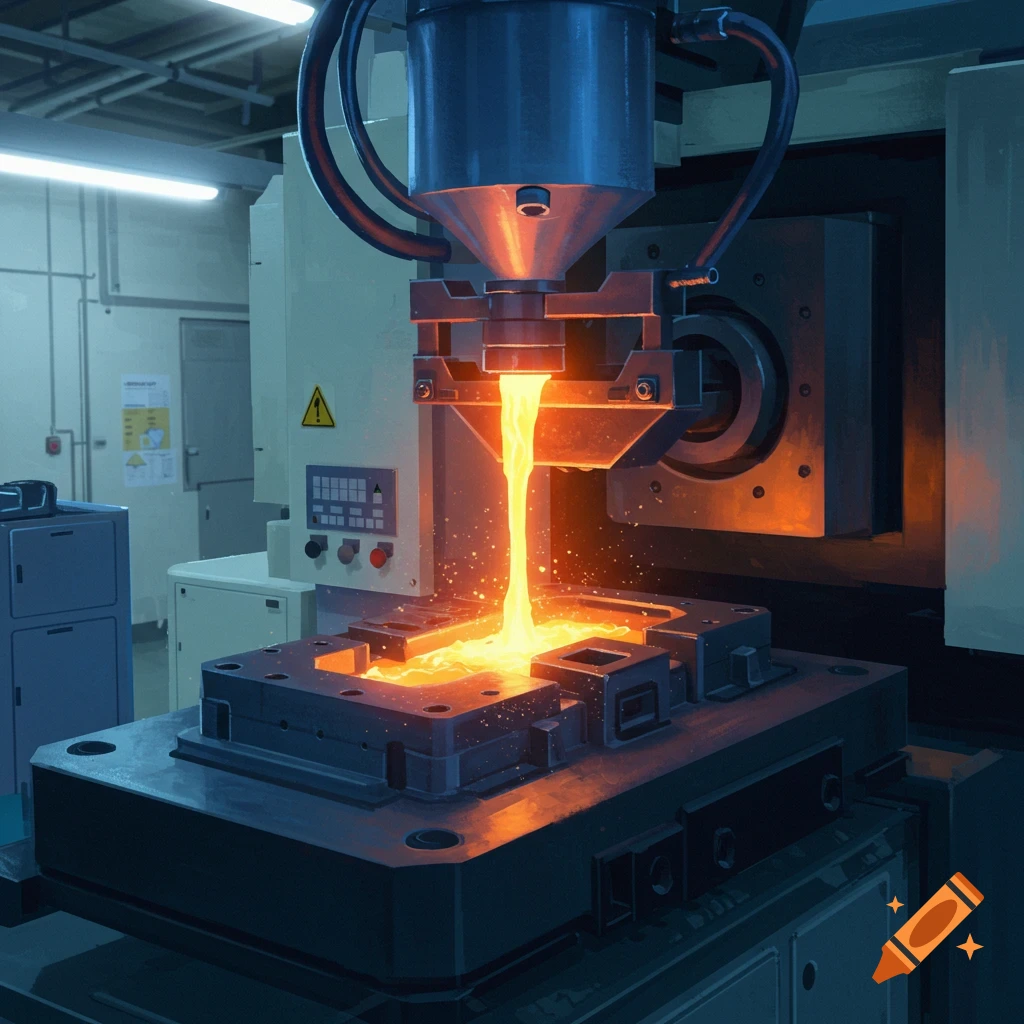 Molten metal pours into an injection mold in a factory setting.