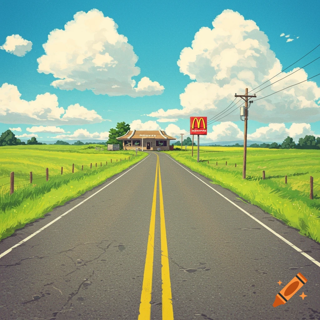 Anime-style illustration of a road leading to a building with a McDonald's sign in a rural landscape.