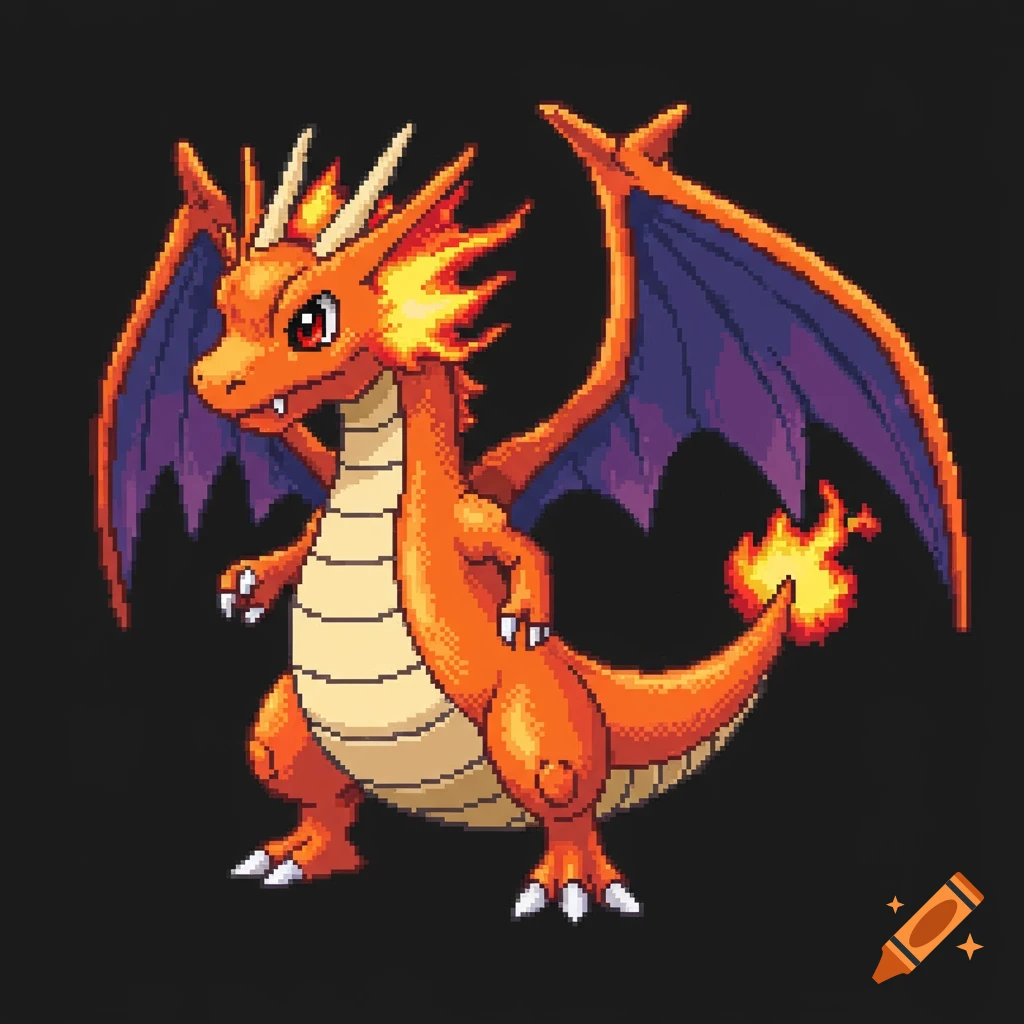 Pixel art of an orange dragon with purple wings