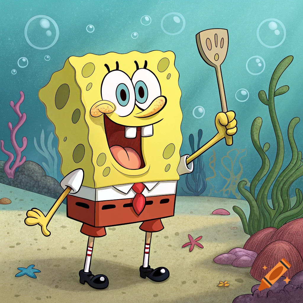 SpongeBob SquarePants smiles while holding a spatula underwater in a cartoon style