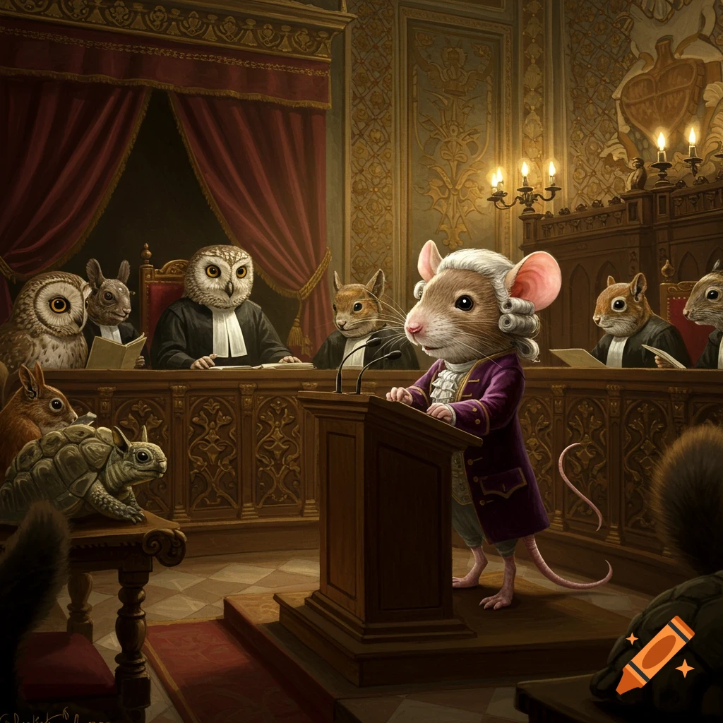 A mouse in a purple coat and white wig speaks at a podium in a courtroom filled with various anthropomorphic animals like owls, squirrels, and rabbits.