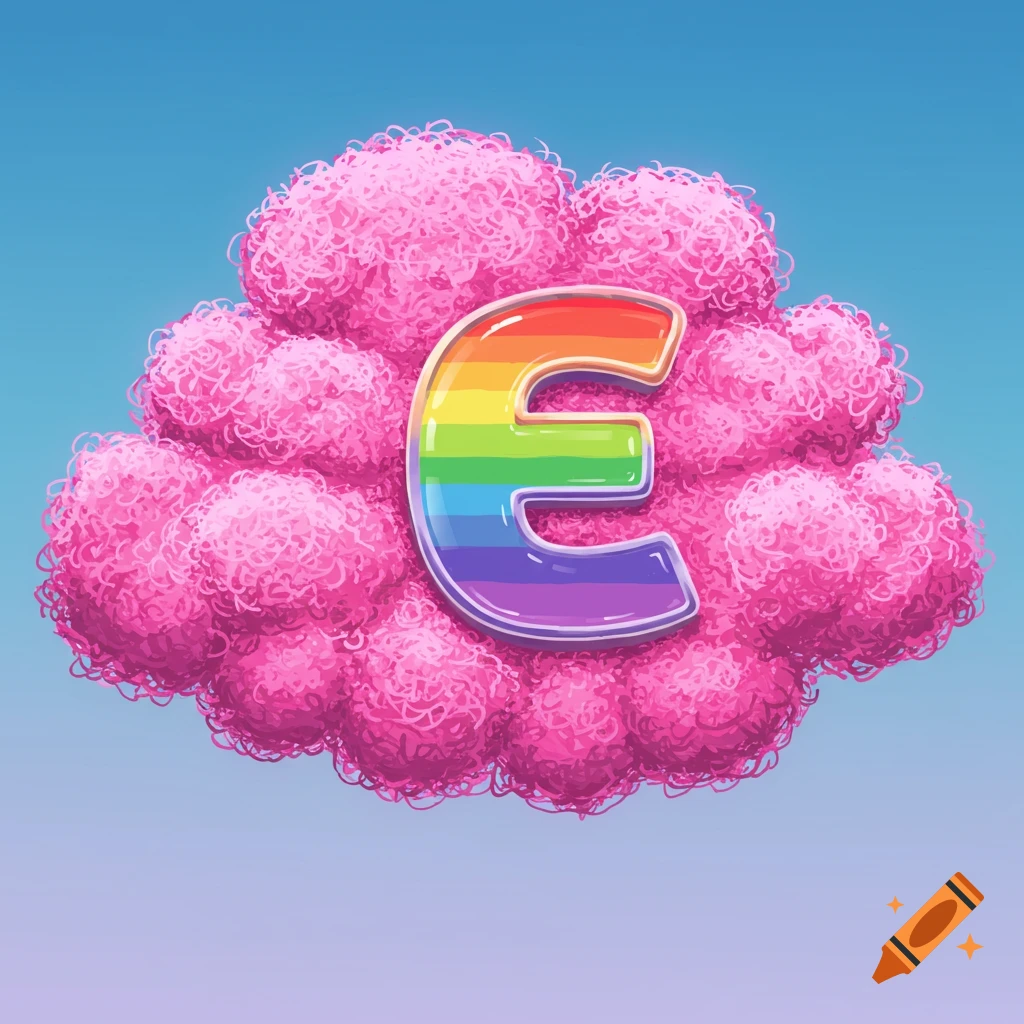 An illustration of a pink cloud with a rainbow letter E in the center against a blue sky.