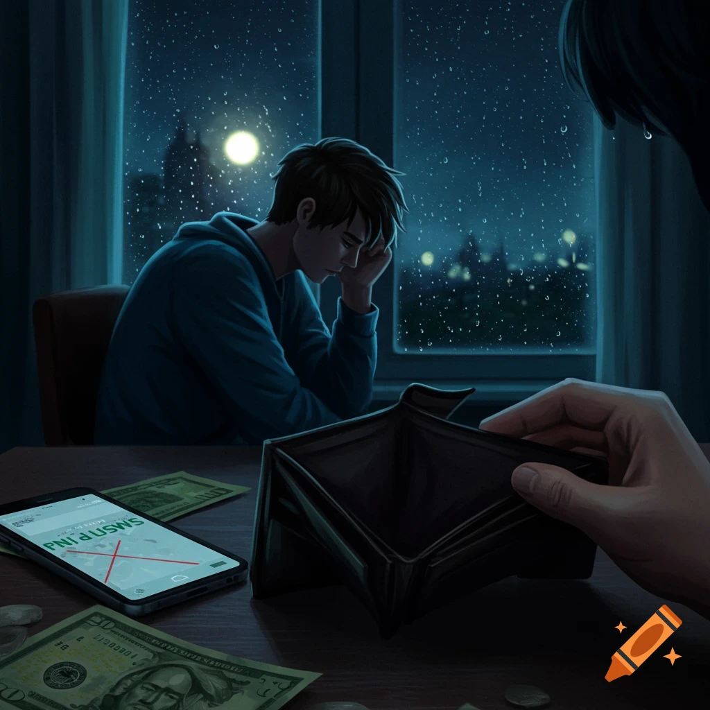 Illustration of a young man sitting sadly at a table on a rainy night, looking at bills, an empty wallet, and a phone screen.