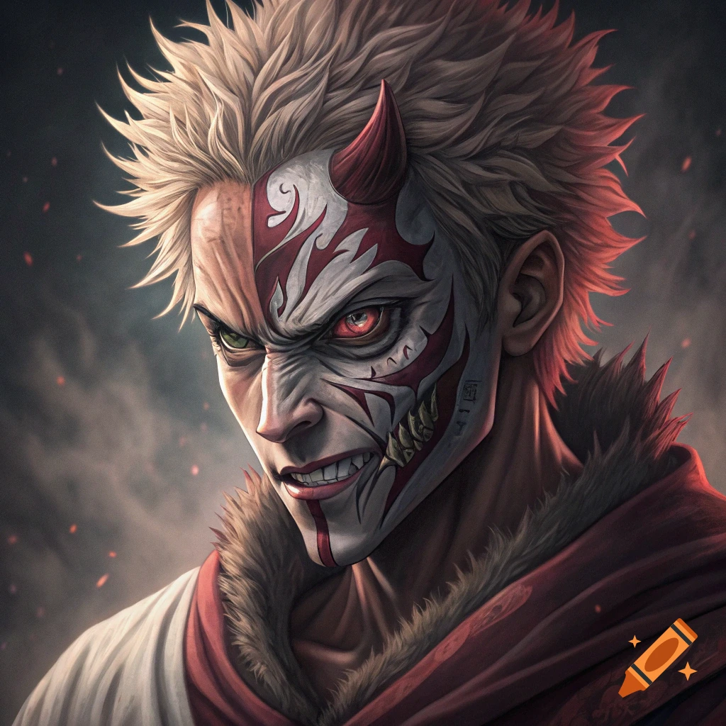 Close-up portrait of a male anime character with spiky blonde hair and a red and white demonic face mask, wearing a red and white robe with fur.