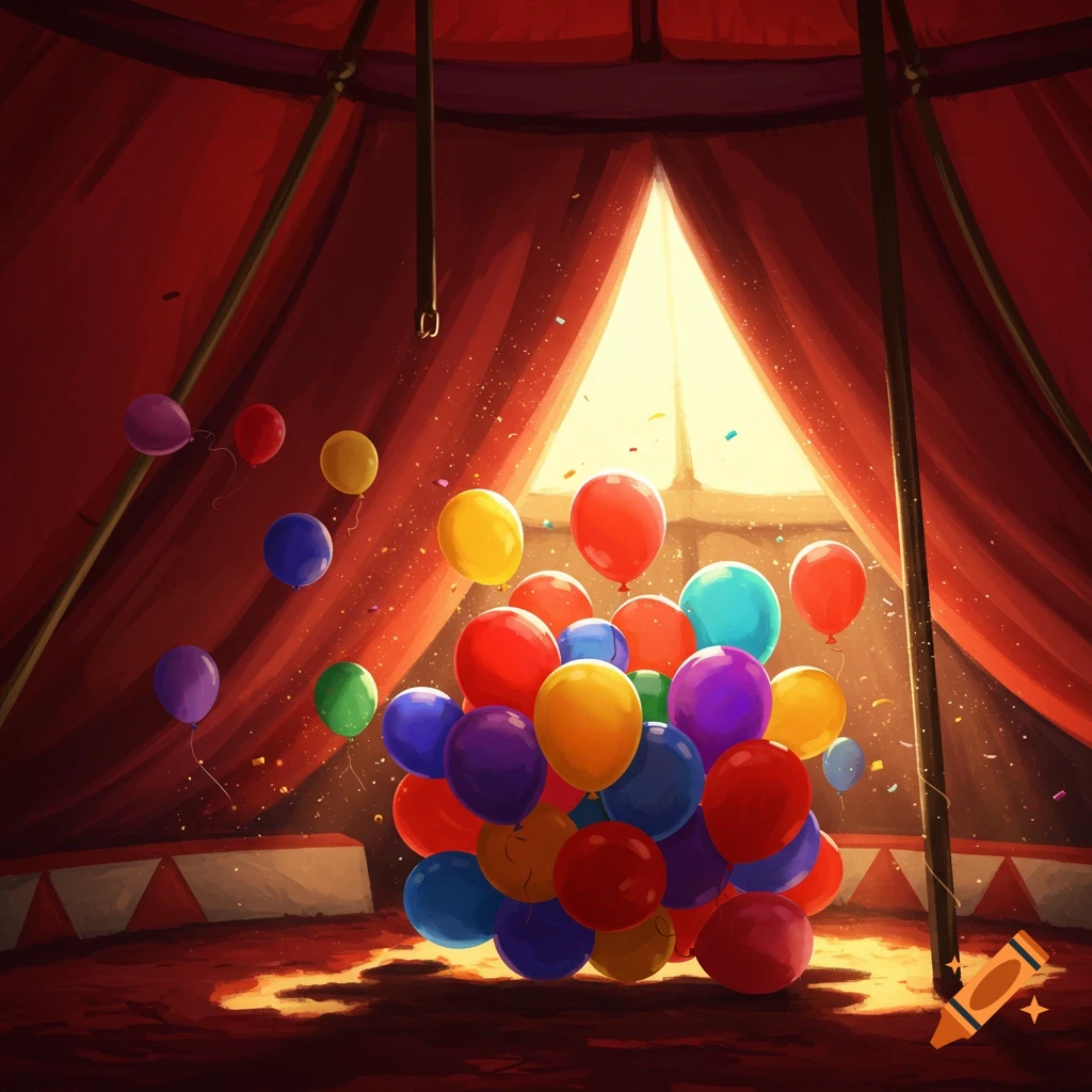 Colorful balloons piled inside a sunlit red circus tent in a painted style.