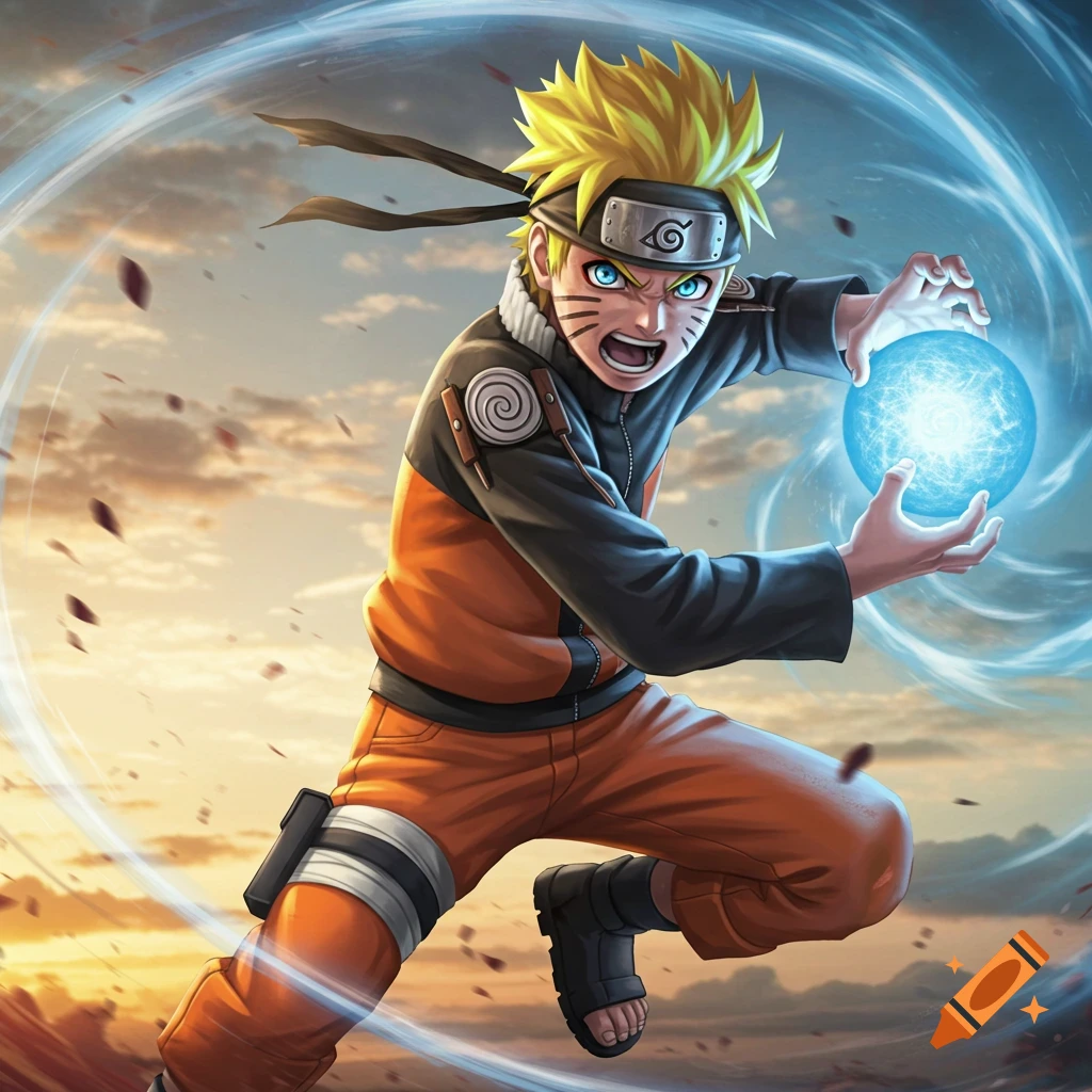 Naruto character performing a Rasengan attack in an anime style