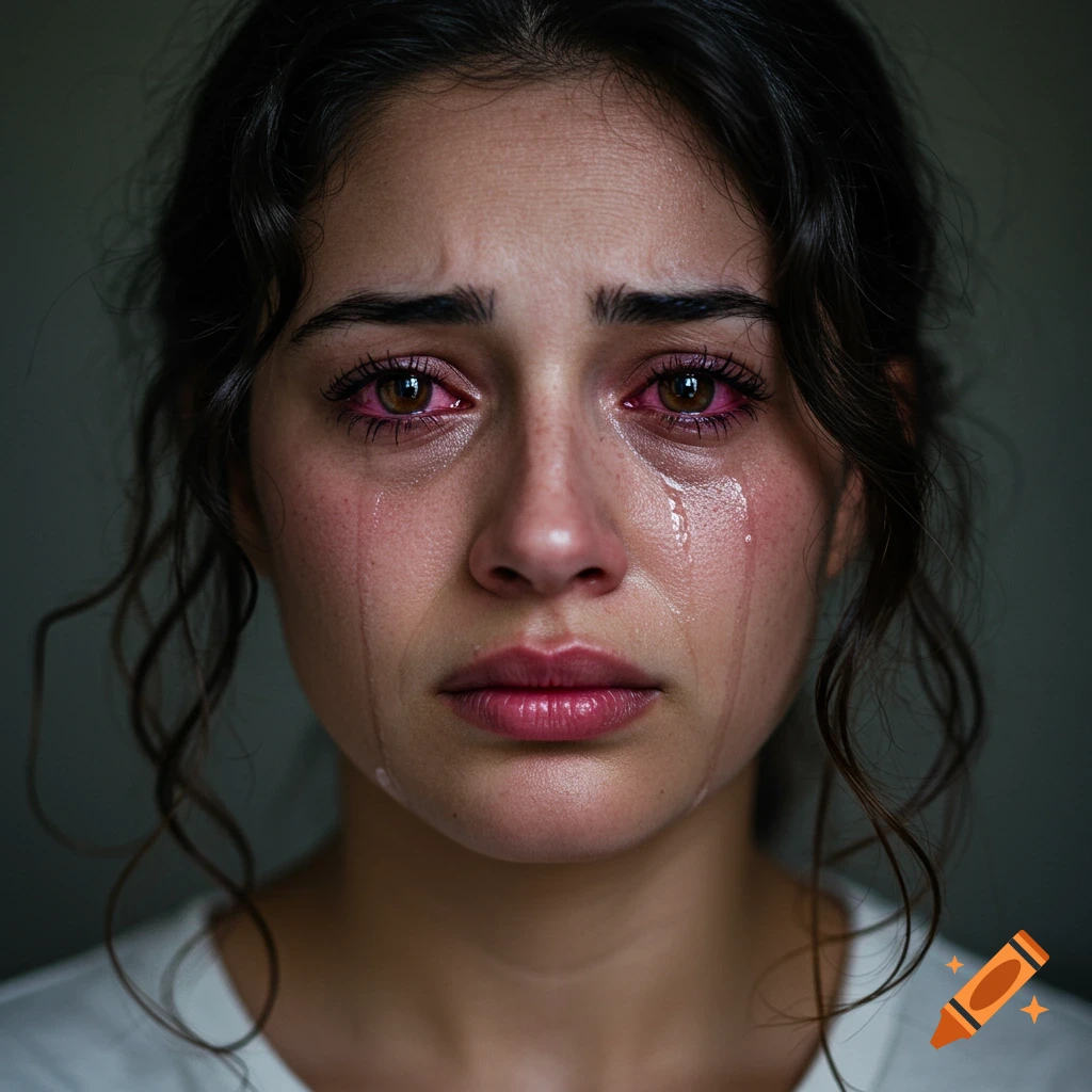 Close-up photorealistic portrait of a woman crying with tears and red eyes