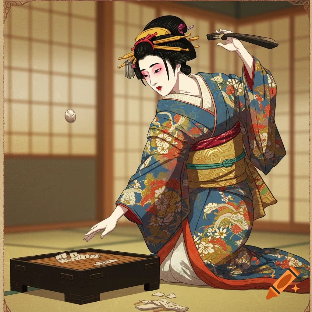 A geisha plays a traditional game (tosenkyo) in a room, in the style of a Japanese woodblock print.