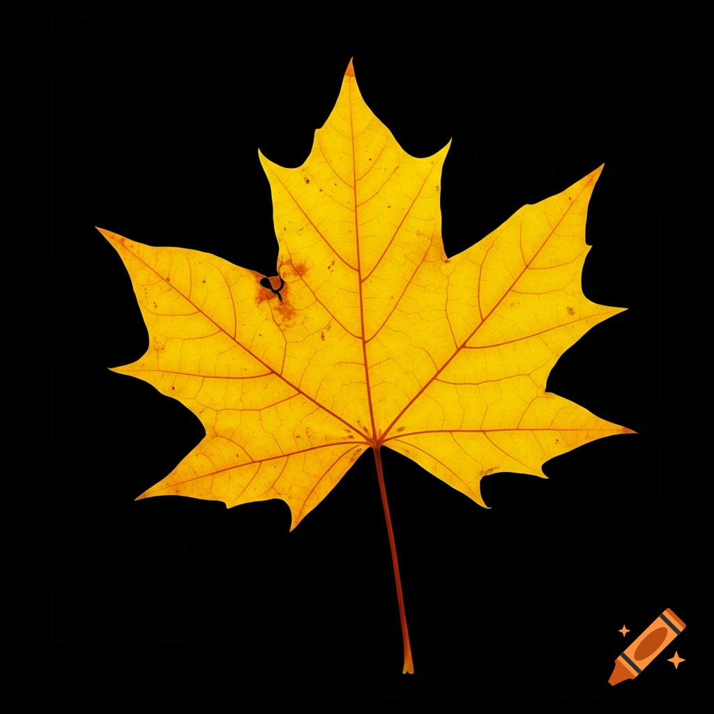 A vibrant yellow maple leaf against a black background.