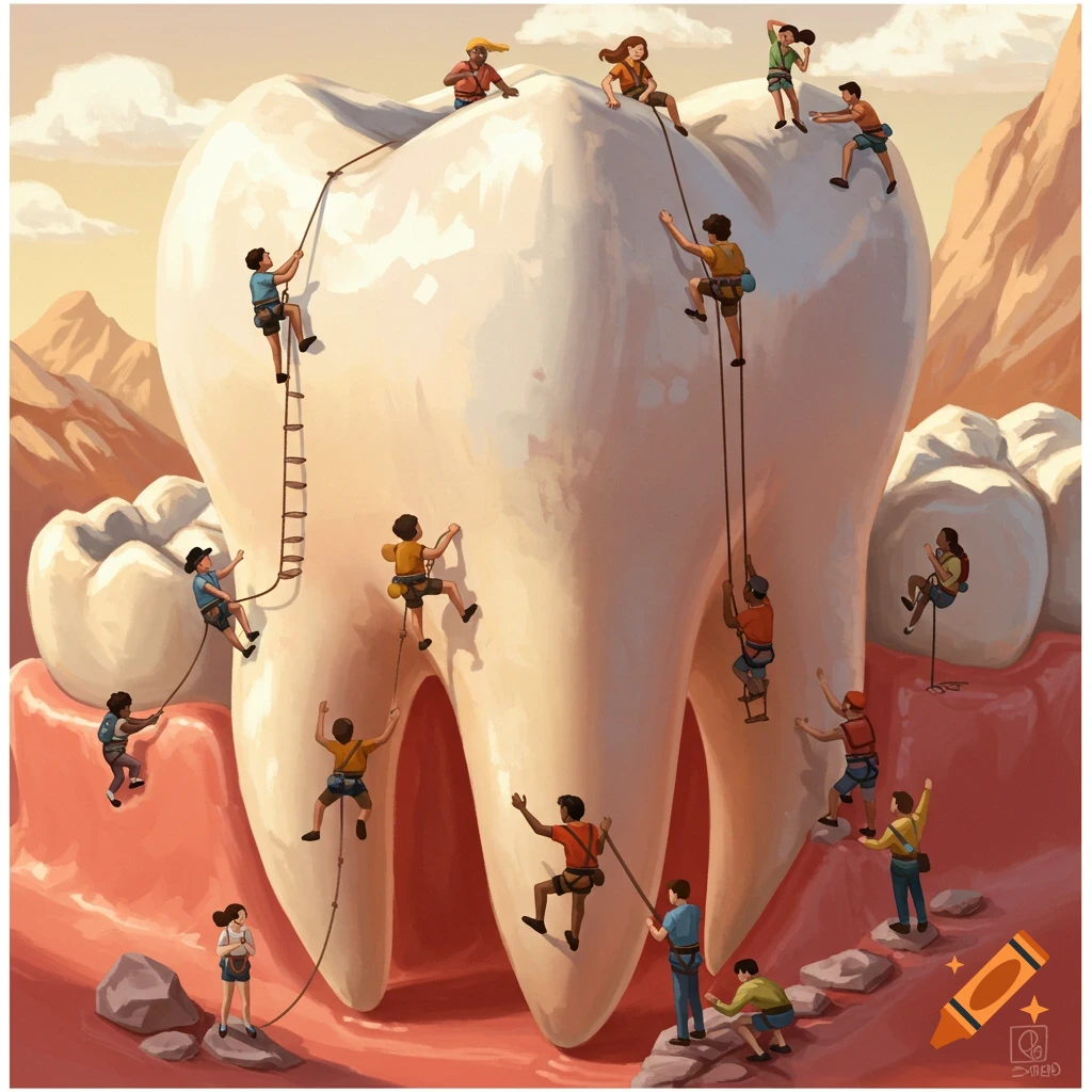 Illustration of miniature people rock climbing on a giant tooth.
