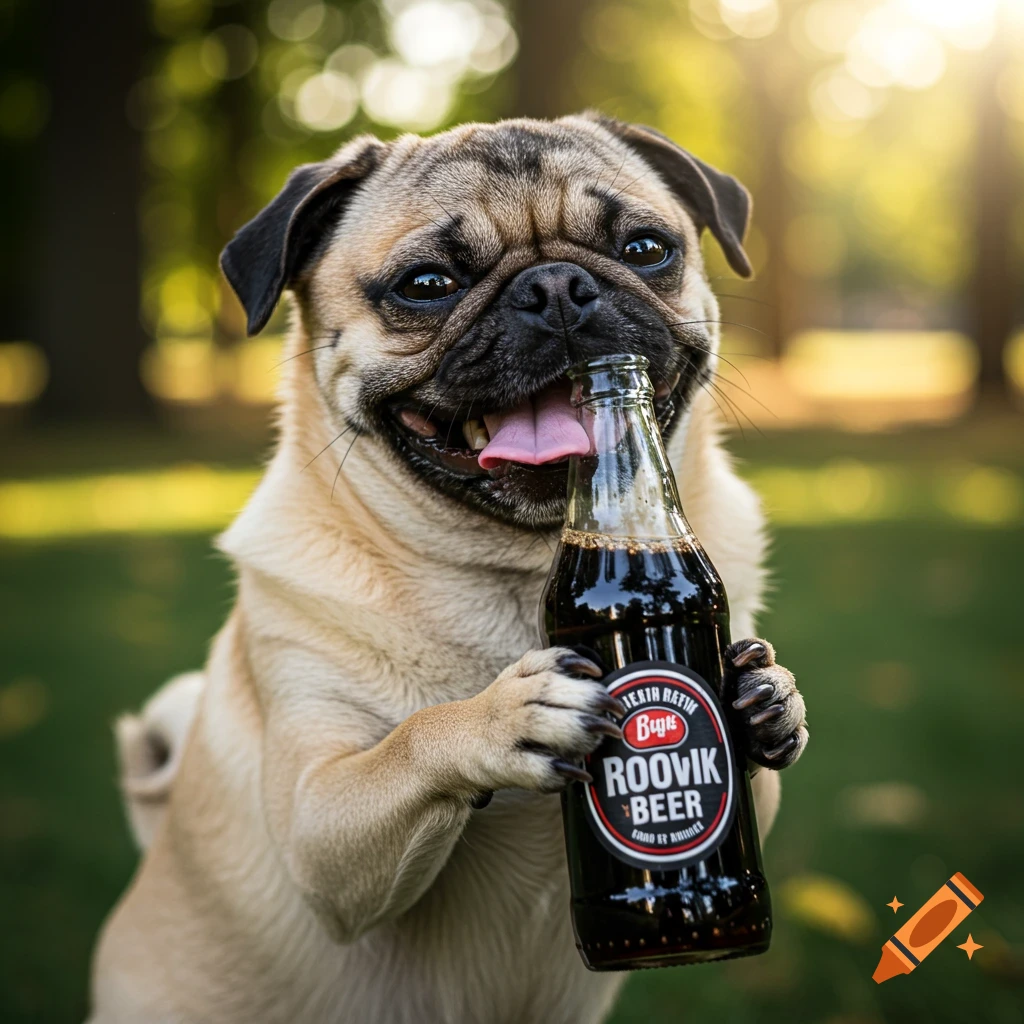 Photorealistic image of a happy pug dog holding a bottle of root beer in a park.