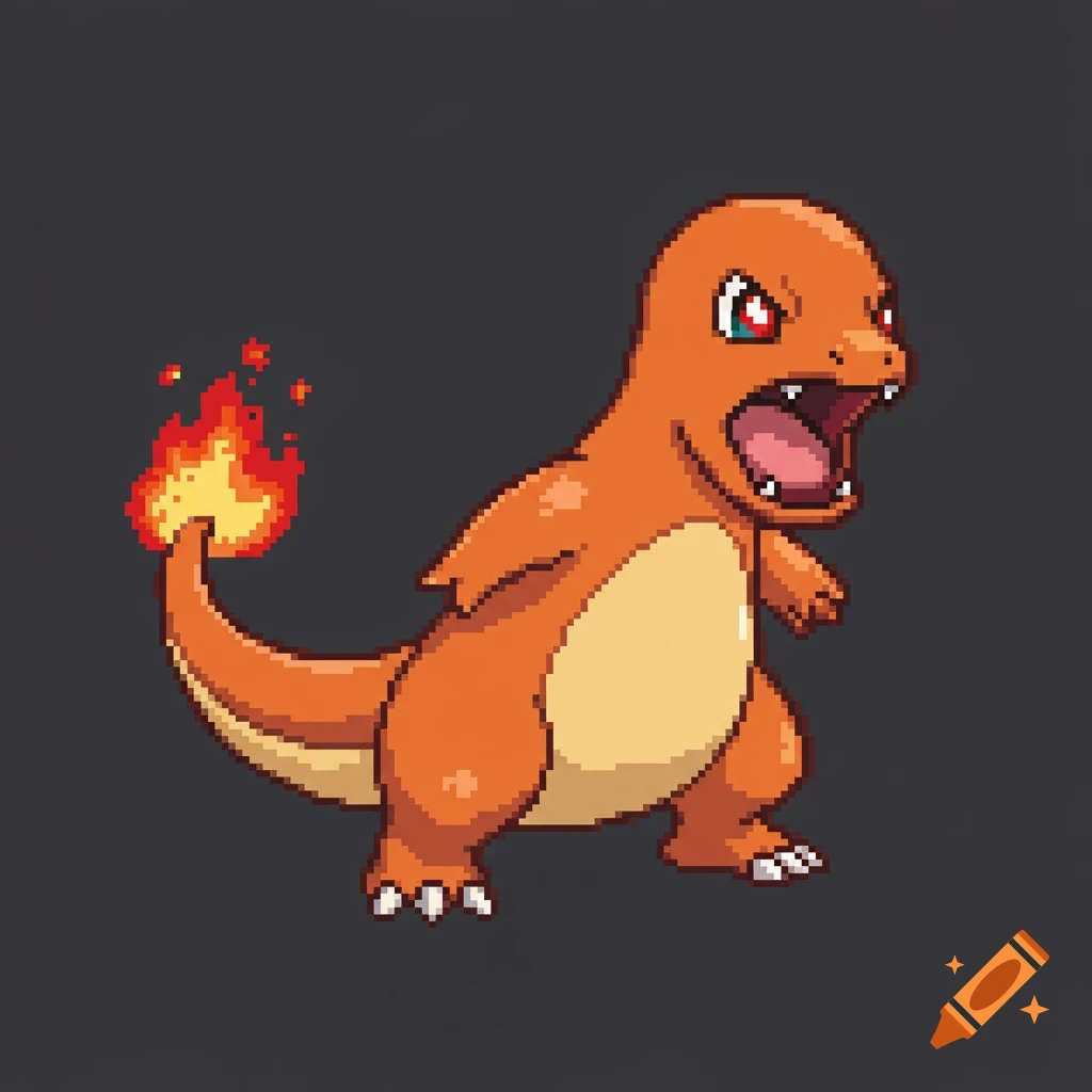 Pixel art drawing of an angry Charmander with fire on its tail.