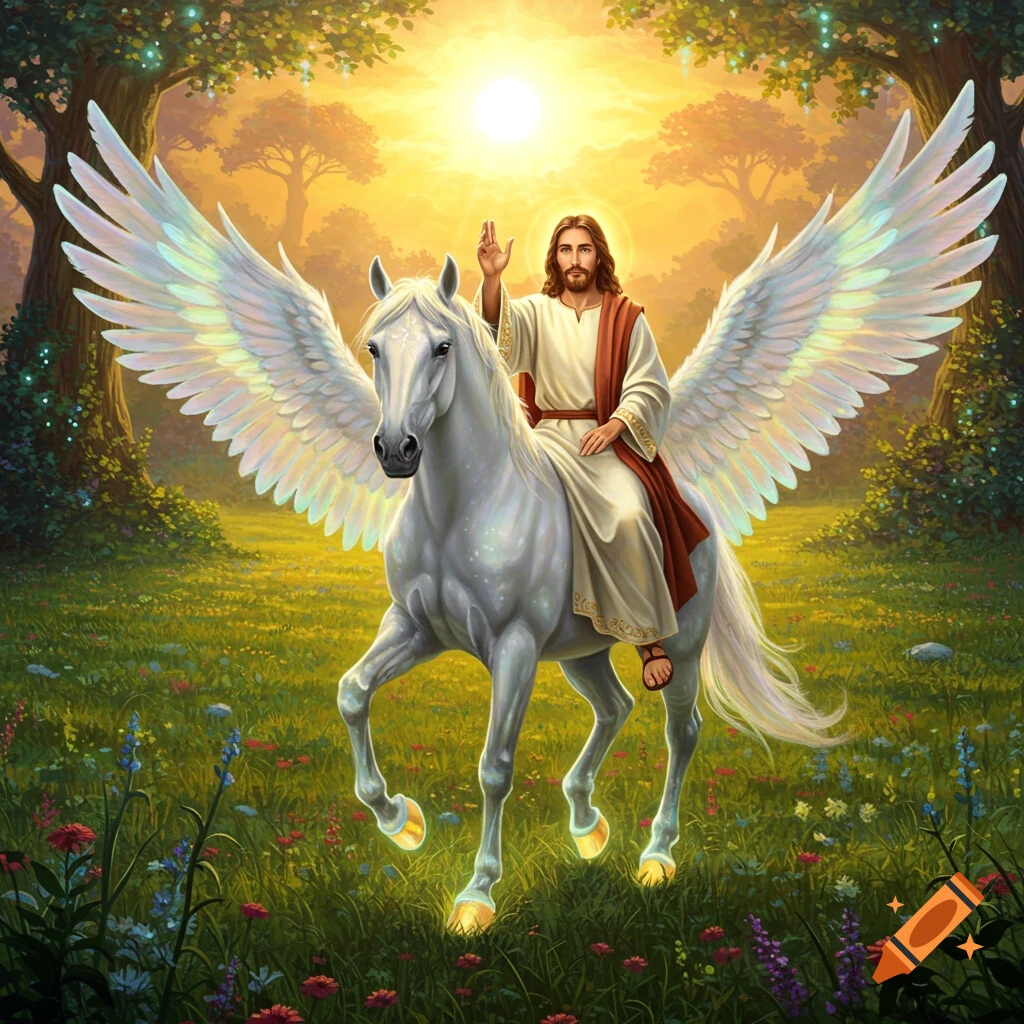 Jesus Christ riding a white winged horse (Pegasus) through a sunny field with trees and flowers.