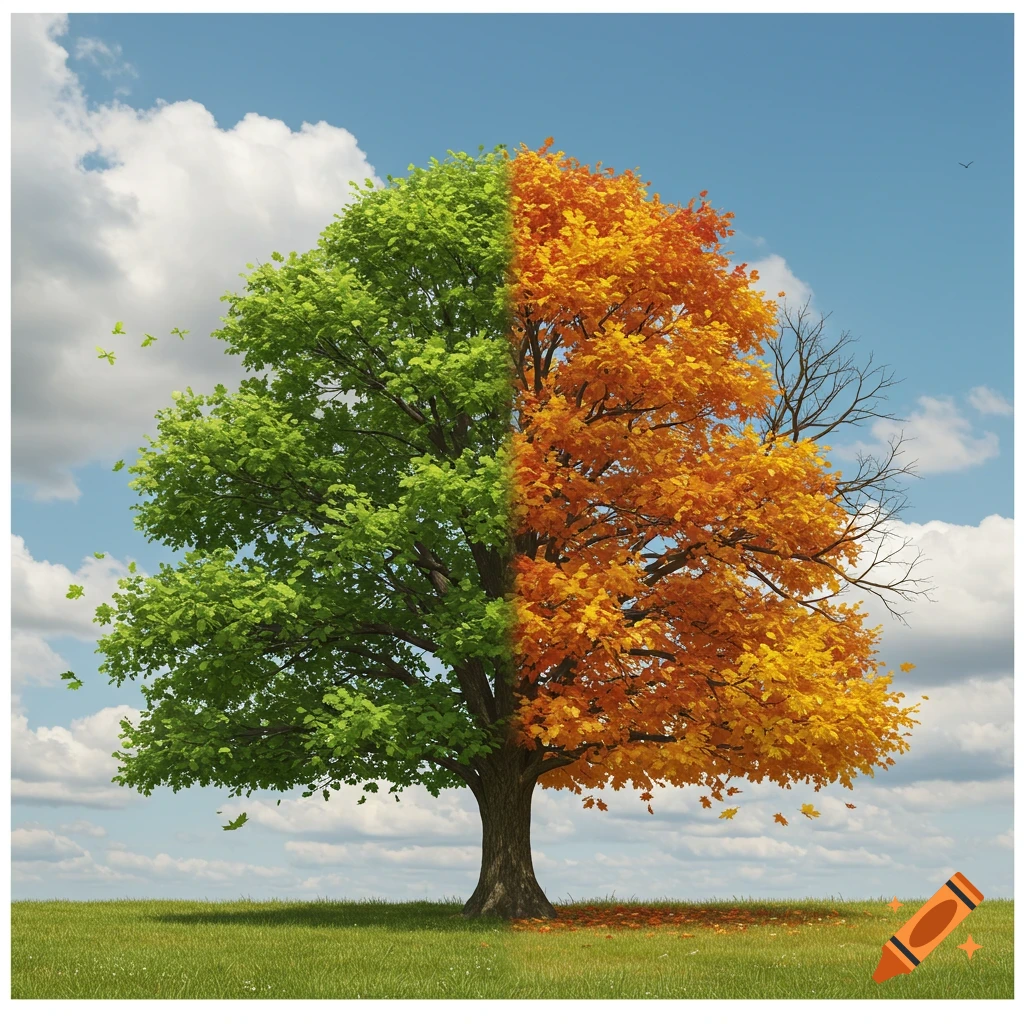 A single tree split down the middle, showing green summer leaves on one side and autumn/winter leaves and bare branches on the other, under a cloudy sky.