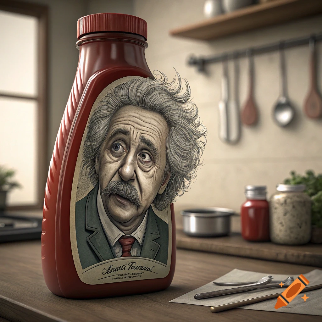 A red condiment bottle on a kitchen counter has a label with a portrait of Albert Einstein.