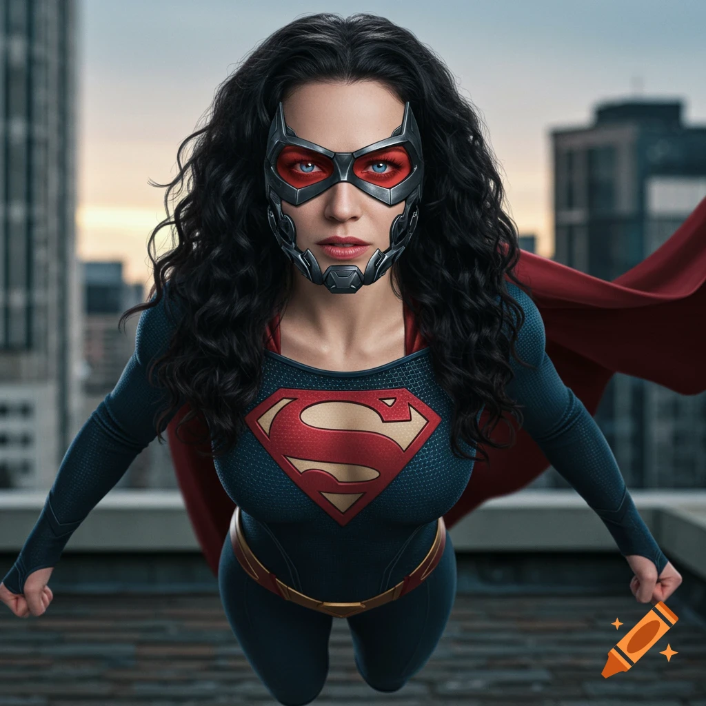 Photorealistic image of a woman in a superhero suit and mask flying over a rooftop.