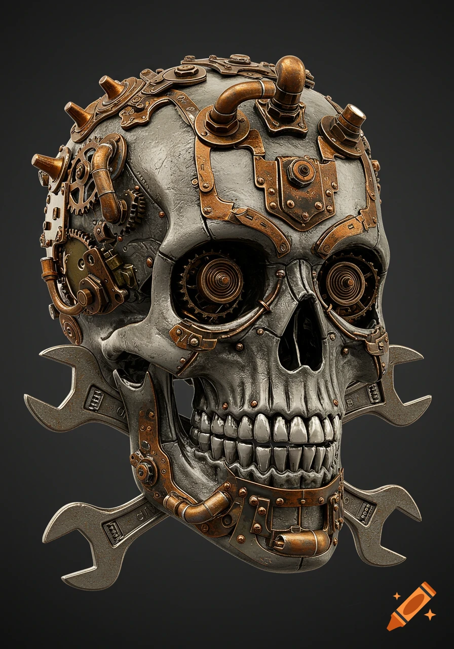 Detailed steampunk skull with metal, gears, and wrench crossbones on a dark background.
