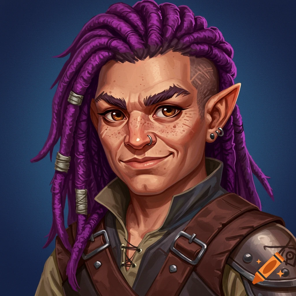 Portrait of a halfling rogue with purple dreadlocks, fantasy art style