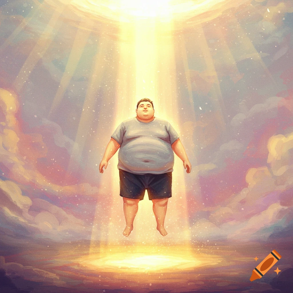 A heavy-set man levitating in a beam of light coming from the sky.