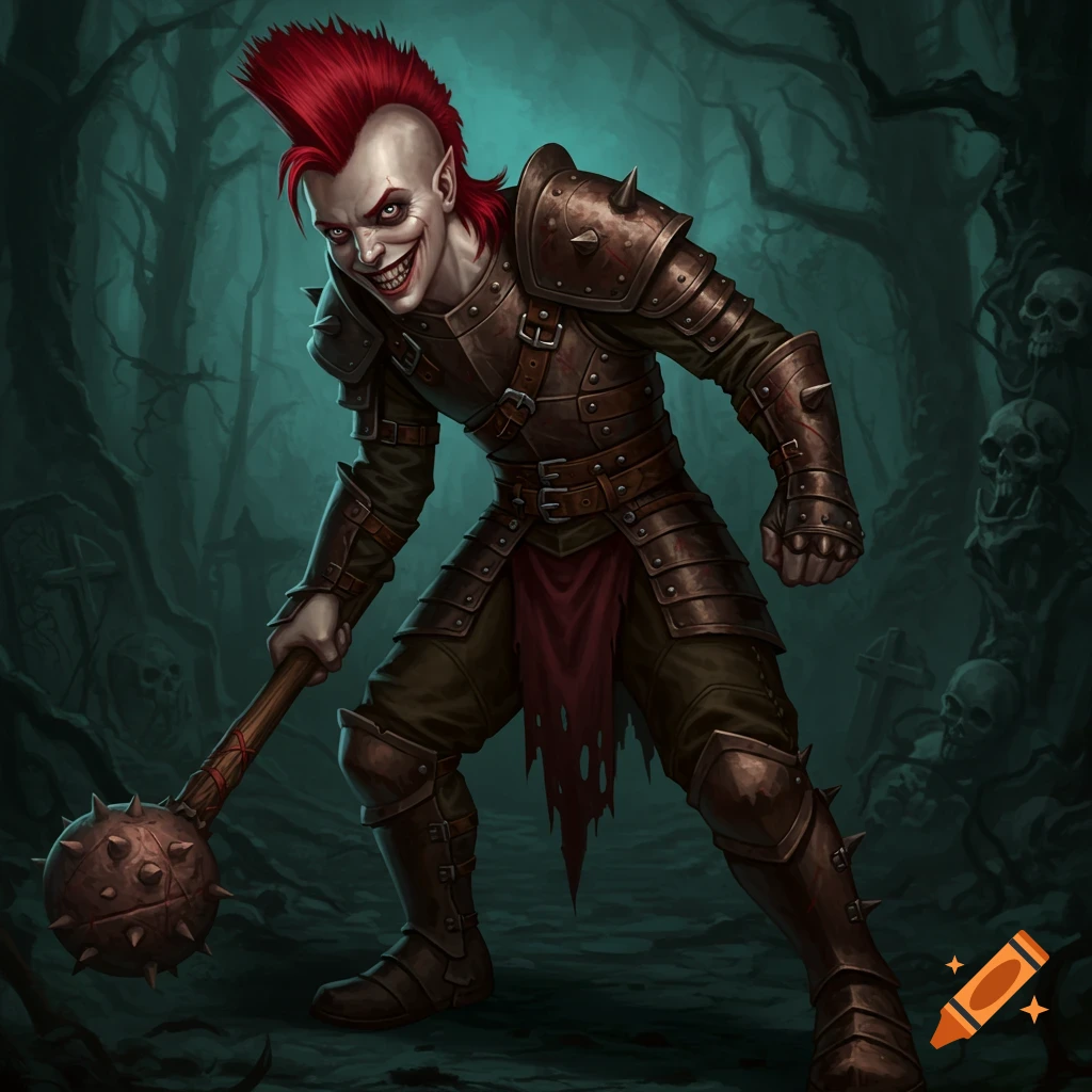 Creepy creature with red mohawk in leather armor holding a spiked mace in a dark forest with skulls.